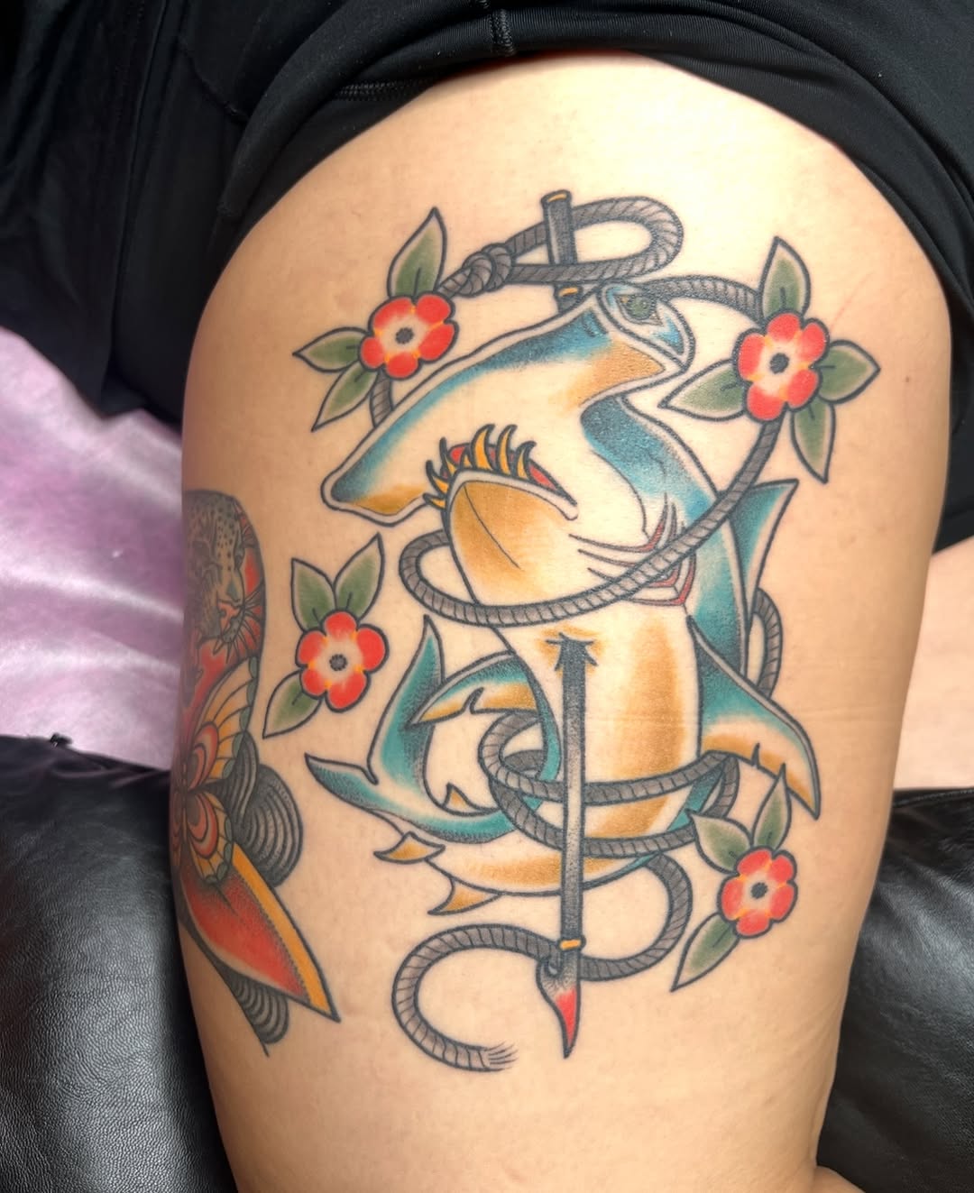 Worked more on Jordan’s back today & added the flames and ornamental background, we’ll be adding shading next time! 🐉🌿 done at @ladymagnoliatattoo �