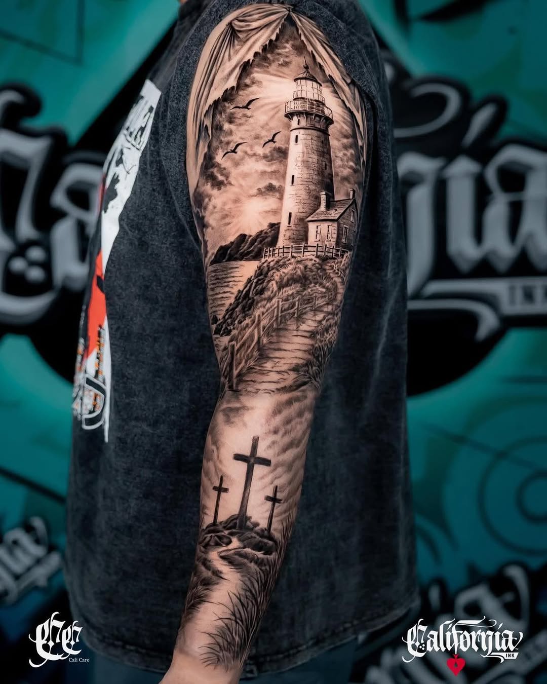 Vibrant nature-inspired tattoo featuring a frog, butterfly and blue flowers surrounded by flowing green leaves. Colorful, detailed and full of life.