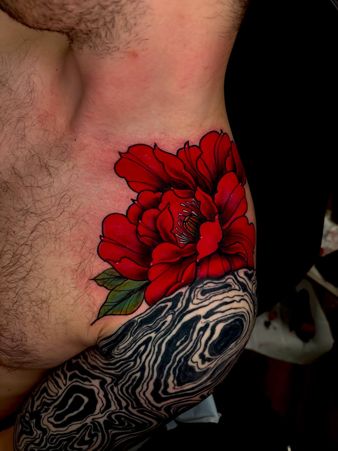 Such a fun one today, thanks Justin! #peonytattoo #flowertattoo