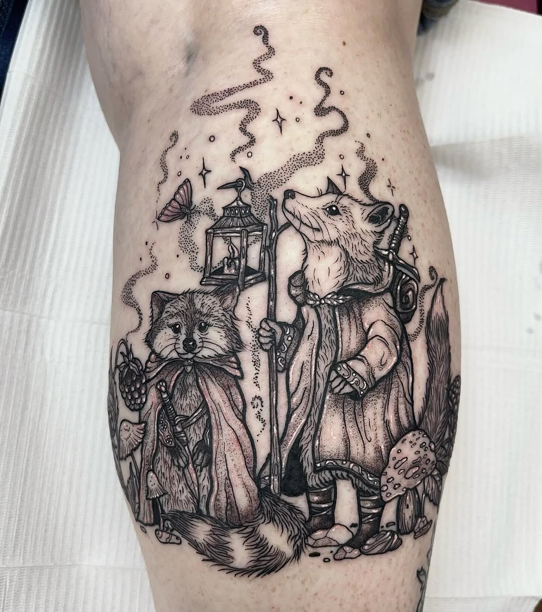 🦝🦊 🗡️ I say it a lot but this one really might be my favorite tattoo I’ve done 🥹🥹 my client asked for a fox and raccoon adventuring fantasy style