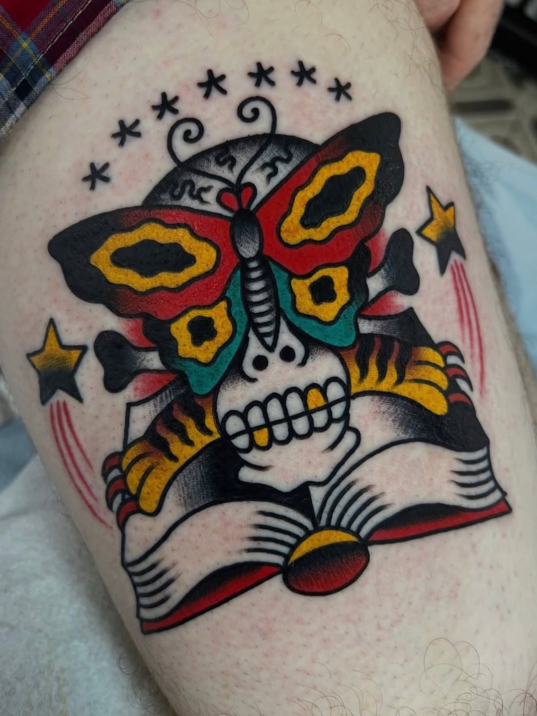 A black and grey knight piercing a skull, tattooed by @travisalantattoo. If you would like to book with Travis, feel free to stop by the shop Monday-F