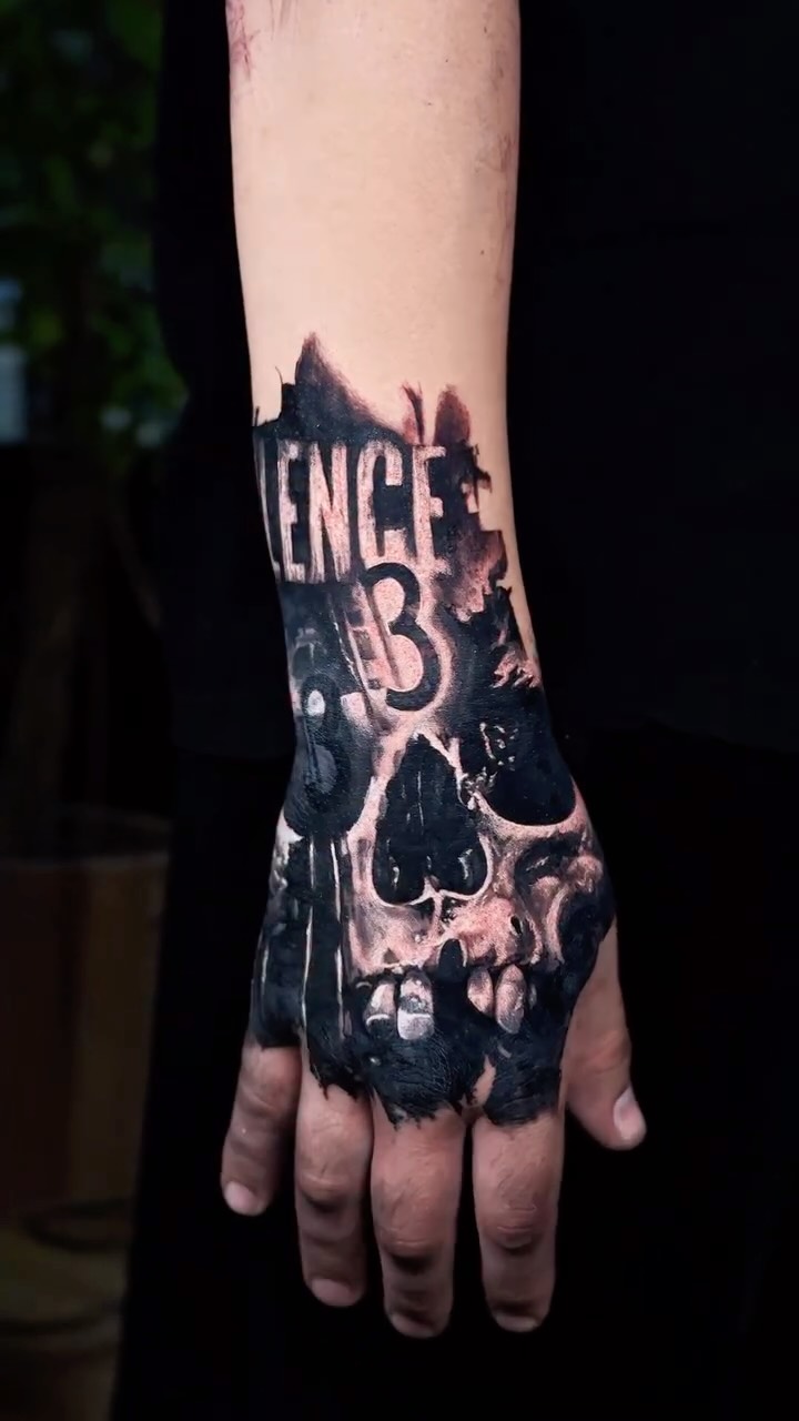 100% healed hand tattoo. What are your thoughts 🤔💭

The word “SILENCE” sits above a decayed skull, while the repeated 3s tell the deeper story. Trad