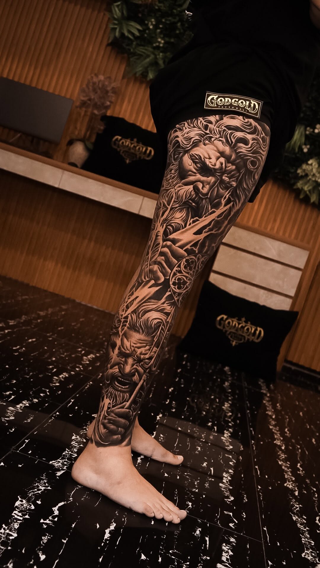full leg sleeve black gray realism tatt, lil bit cover up o lower leg Anubis tatt. Mummy tattoo, for any enquirer pls dm here @godgoldtattoobali