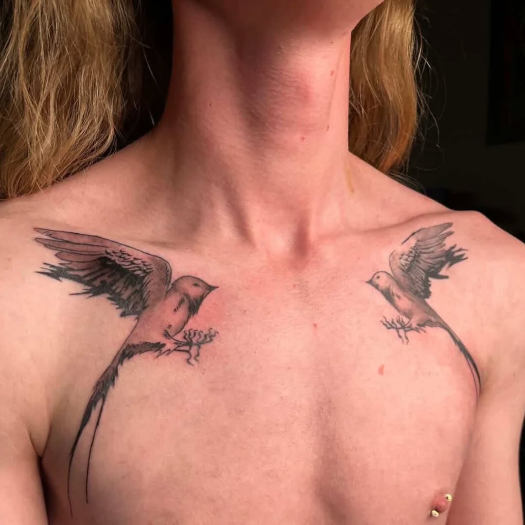 “This chest piece with two barn swallows was incredibly fun to work on. I love drawing birds and it was fun to get to express a little wildness with t